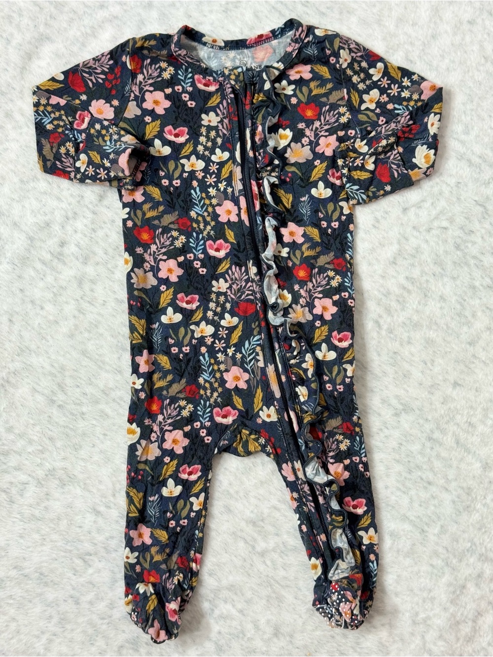 Caden Lane Navy Floral Ruffle Footed Sleeper 0-3M Baby Girl Bamboo Zip